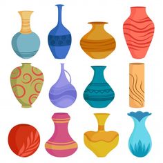 a set of nine vases with different shapes and colors on a white background illustration