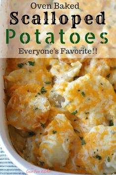 a casserole dish with potatoes in it and the title overlay reads, scalloped potatoes