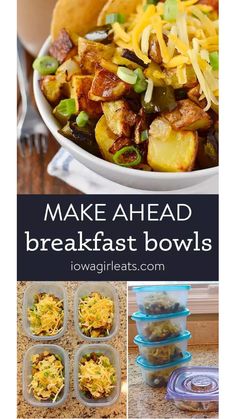 make ahead breakfast bowls with potatoes, green beans and cheese in the middle are shown