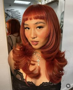 Brown Hair Auburn, Dye Brown Hair, Glam Halloween Makeup, Red Hair With Bangs, Red Orange Hair, Glam Halloween, Textured Haircut