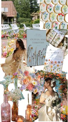 a collage with flowers and other items in the background, including cards, vases