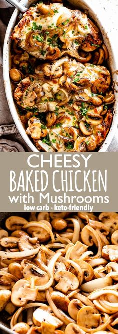 baked chicken with mushrooms in a casserole dish