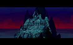 an animated image of a castle in the middle of the night with red sky and clouds