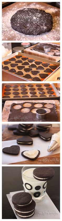 chocolate cookies and oreo cookies are being made in different stages, including the process