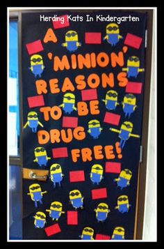 Red Ribbon Week door Fall Door Decorations Classroom, Minion Classroom, Character Pumpkins, Minion Christmas, Ribbon Ideas, Elementary Counseling