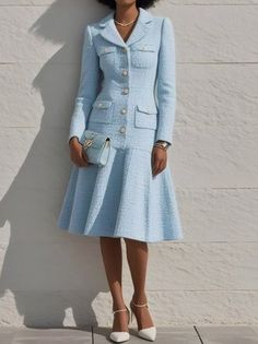 Light Blue Tweed Lapel Collar Pocket Long Sleeve A-Line Blazer Midi Dress | fehaute Blazer Midi Dress, Light Blue Midi Dress, Blue Tweed, Custom Size Dresses, Modern Trend, Tweed Blazer, Blue Midi Dress, Blazer Dress, Party Girls