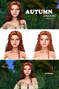 an animated woman with long red hair and white dress in front of trees, text reads autumn dreams