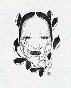 a black and white drawing of a woman's face with leaves around her head