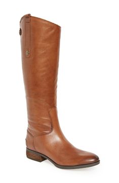 A rich, burnished finish enhances a knee-high leather boot with a svelte slanted shaft. 1" heel (size 8.5) 16 3/4" shaft; 15" regular calf circumference 16 3/4" shaft; 16" wide calf circumference Burnished leathers feature a rich, unique finish and will vary. Back zip with snap-tab closure Elastic gore at top of boot shaft Leather upper/synthetic lining and sole Imported Women's Shoes Brown Leather Riding Boots, Sam Edelman Boots, Trendy Boots, Trending Boots, Leather Riding Boots, Knee High Leather Boots, Boots Fall, Brown Leather Boots, Sam Edelman Shoes