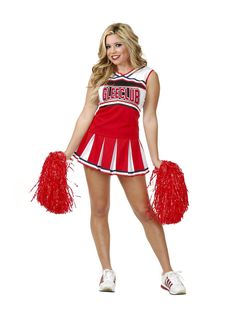 a woman in a red and white cheerleader costume holding two pom poms