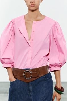 BALLOON SLEEVE BLOUSE ZW COLLECTION - Bubble gum | ZARA United States Trendy Lantern Sleeve Spring Blouse, Trendy Lantern Sleeve Blouse For Spring, Balloon Sleeve Tops With Button Closure For Work, Chic Workwear Shirt With Balloon Sleeves, Trendy 3/4 Sleeve Blouse For Fall, Chic Button-up Puff Sleeve Top For Fall, Spring Daywear Shirt With Gathered Sleeves, Spring Shirt With Gathered Sleeves For Daywear, Fall Shirt With Blouson Sleeves