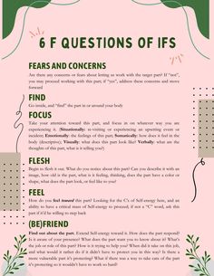 6 F Questions of Internal Family Systems! Use these questions to self-guide the part detection process of IFS. Using these exploratory questions you can get. to know a protective part in an effort to differentiate  the part from Self-energy. This worksheet is useful to share with clients to support their understanding of the parts mapping process. Parts Mapping Ifs, Ifs Parts Mapping Worksheet, Ifs Parts Mapping, Internal Family Systems Parts Mapping, Ifs Therapy Worksheets, Internal Family Systems Parts, Ifs Worksheets, Internal Family Systems Worksheets, Family Counseling Activities