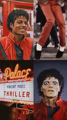 three different pictures of michael jackson in front of a theater sign and the words palace, vicent price, thriller