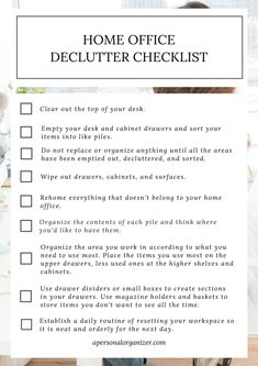 a checklist with the words home office declutter checklist written on it