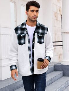 Men 1pc Plaid Print Flap Pocket Teddy Panel Flannel Shirt Multicolor Casual  Long Sleeve Knitted Fabric Plaid Shirt Slight Stretch  Men Clothing, size features are:Bust: ,Length: ,Sleeve Length: Ca Rô, Men Shirts, Long Sleeves Jacket, Plaid Print, Men Clothing, Womens Plaid, Outerwear Women, Long Sleeve Knit, Flannel Shirt