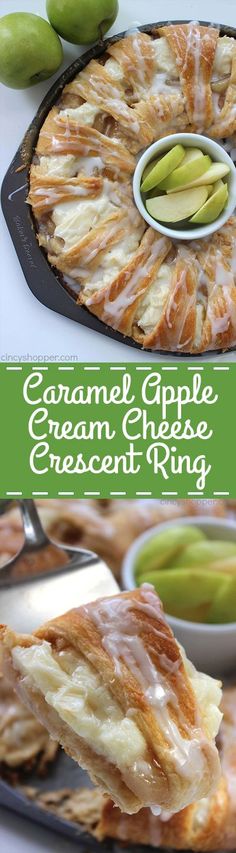 caramel apple cream cheese croissant ring on a plate with green dipping sauce