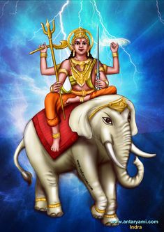 the god is riding on an elephant with lightning in the sky behind him and holding a staff