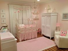 Harper Barnett's Nursery! Baby Girl Nursery. Pink and feminine. Crib: Bratt Decor. Armoire and Changing Table: Young America. Glider: Little Castle. Decor: Pottery Barn Kids. Y2k Nursery, Baby Girl Princess Nursery, Girl Nursery Themes Princess, Princess Mobile Nursery, Baby Girl Nursery Pink And Grey, Baby Girl Nursery Princess Disney Cinderella Carriage, Pink Baby Nursery, Pink House Interior, Disney Princess Nursery Pottery Barn Kids