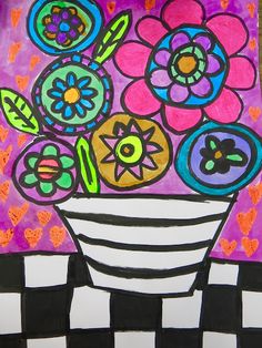 a painting with flowers in a vase on a checkered tablecloth background and black and white squares