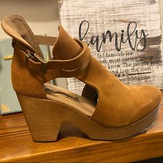 Never Worn. They Are Really Cute, But A Little Too Big For Me. I Am A True 6-6.5, They Probably Fit More Like A 6.5-7. Casual Suede Heels With Wooden Heel, Casual Ankle-high Heels With Wooden Heel, Brown Suede Heels With Stacked Heel, Brown Casual Round Toe Heels, Brown Suede Heels With Heel Loop, Brown Ankle-high Heels With Heel Loop, Casual Suede Heels With Ankle Strap, Casual Brown High Heel Shoes, Casual Brown High Heels