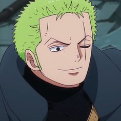 an anime character with green hair and blue eyes looking at the camera while wearing a black outfit