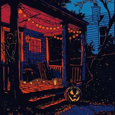 an illustration of a porch decorated for halloween