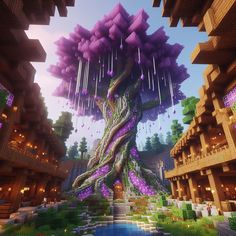 a tree in the middle of a building with purple flowers hanging from it