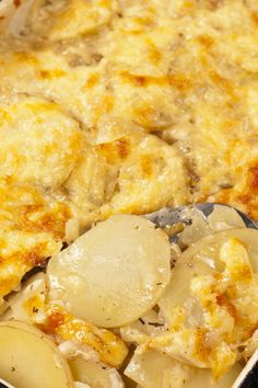 a casserole dish with potatoes and meat in it is ready to be eaten