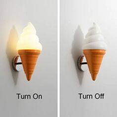 two ice cream cones are on the wall, one turned off and the other turned off