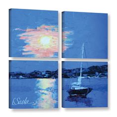 three paintings of boats in the water at sunset