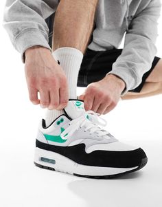 Nike Air Max 1 sneakers in white, black and green | ASOS Nike Custom Green Breathable Sneakers, Custom Green Nike Sneakers With Breathable Material, Green Training Sneakers With Air Cushioning, Green Round Toe Sneakers For Training, Green Cushioned Sneakers For Training, Dynamic Green Sneakers For Training, Dynamic Green Training Sneakers, Green High-top Custom Sneakers With Air Cushioning, Nike Green Training Sneakers