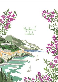 a card with the words weekend specials written in green, purple and white flowers on it