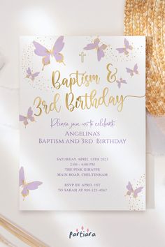 Self-editable 5x7" invite - follow the link for details and free demo! ♦ Easily edit online in your browser then download and print or send digitally ♦ An eye-catching invitation for a girl’s baptism 3rd birthday, encased in pastel lilac gold butterfly design ♦ #baptism3rdbirthday #baptisminvitations #girl3rdbirthday #lilacbaptisminvite #purplebaptismparty #butterflybaptism #butterflybirthday #lavenderbaptism #invitationsgirl #baptismprintable #digitaldownload 3rd Birthday Invitation, Pink Giraffe, Pastel Lilac, Baptism Party, Butterfly Birthday, Baptism Girl, Baptism Invitations