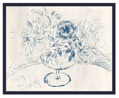 a blue and white drawing of a vase with flowers in it on a table top