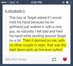 a text message that reads,'k - elizabetht this boy at target asked if i would hold his hand because he is ex girlfriend just walked in with a new guy, so naturally