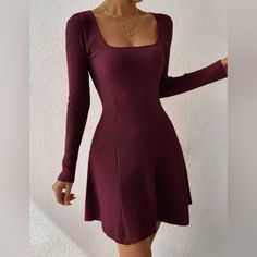 Shein Priv Square Neck Ribbed Knit Sweater Dress Maroon Small (4) Great Quality Material; Thick New! Black Square Neck Dress Long Sleeve, Long Sleeve Dress Casual Winter, Square Neck Dress With Sleeves, Simple Black Dress Casual, Long Sleeve Ribbed Dress, Plain Black Dress, Rosa Shocking, Fall Sweater Dress, Knitted Jumper Dress