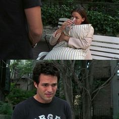 two pictures of people sitting on a bench and one has a drink in his hand