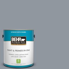 a blue paint can with the words interior / exterior high gloss enamele on it