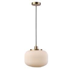 a white and gold pendant light hanging from the ceiling