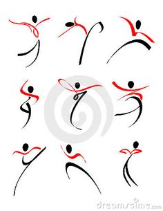 stylized drawing of people in various poses and positions, with red lines on white background