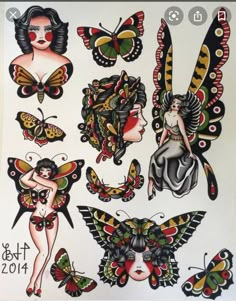 some very pretty tattoos on the back of a white sheet with butterflies and woman's faces