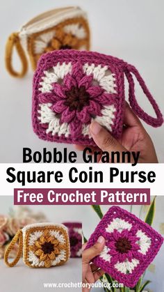 a crochet granny bag is shown with the text bubble granny square coin purse free crochet pattern