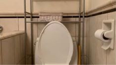 a white toilet sitting in a bathroom next to a roll of toilet paper on a rack