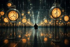 a person standing in front of many clocks with lights all around them on the floor