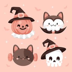 four halloween pumpkins, two cats and one cat wearing witches hats on pink background