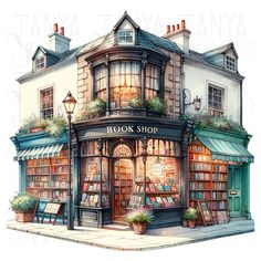 a drawing of a book shop with lots of books on the front and side of it