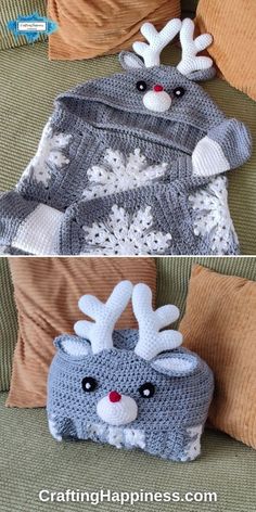 crocheted reindeer hat and scarf with snowflakes on it