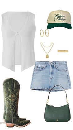 Nashville Outfit Ideas Spring, Trucker Hat Country Concert Outfit, Western Trucker Hat Outfit, Red Trucker Hat Outfit, Trucker Hat Concert Outfit, Country Going Out Outfits, Green Cowgirl Boots Outfits, Country Concert Outfit Aesthetic, Trendy Women’s Shoes