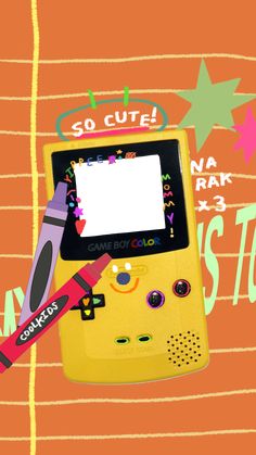 a yellow gameboy with some writing on it's screen and the words so cute next to it