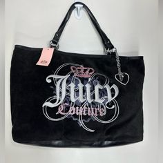 New With Tags Juicy Couture - Large Tote Bag - Velour With Leather Trim - Double Top Handles With Hidden Magnetic Closure - Printed Cotton Interior Lining With Zip Pocket - Body Length 18 Inches; Height 12 Inches; Width 5 Inches - Drop Handle 6 Inches Color: Black Material: Velour, Leather Lesclo Juicy Couture Shopping Bag, Juicy Couture Tote Bag, Juicy Culture, Black Fashionista, Burgundy Purse, Big Tote Bags, Dream Bags, Juicy Couture Black